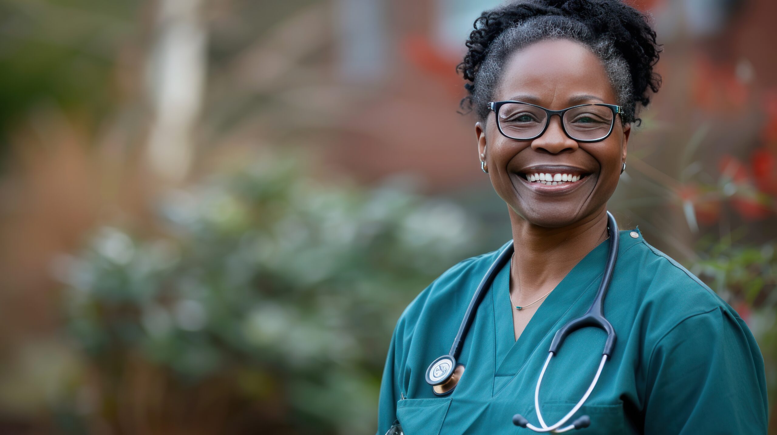 A compassionate nurse, in scrubs, smiles warmly, representing care and empathy in the healthcare profession.